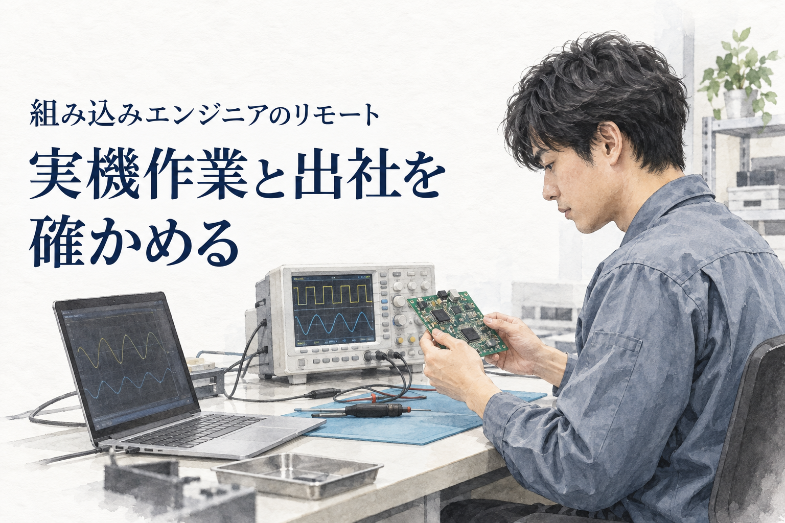組み込みエンジニア リモートの記事画像。実験室で基板とオシロスコープを使う組み込みエンジニア。文字は「組み込みエンジニアのリモート/実機作業と出社を/確かめる」。