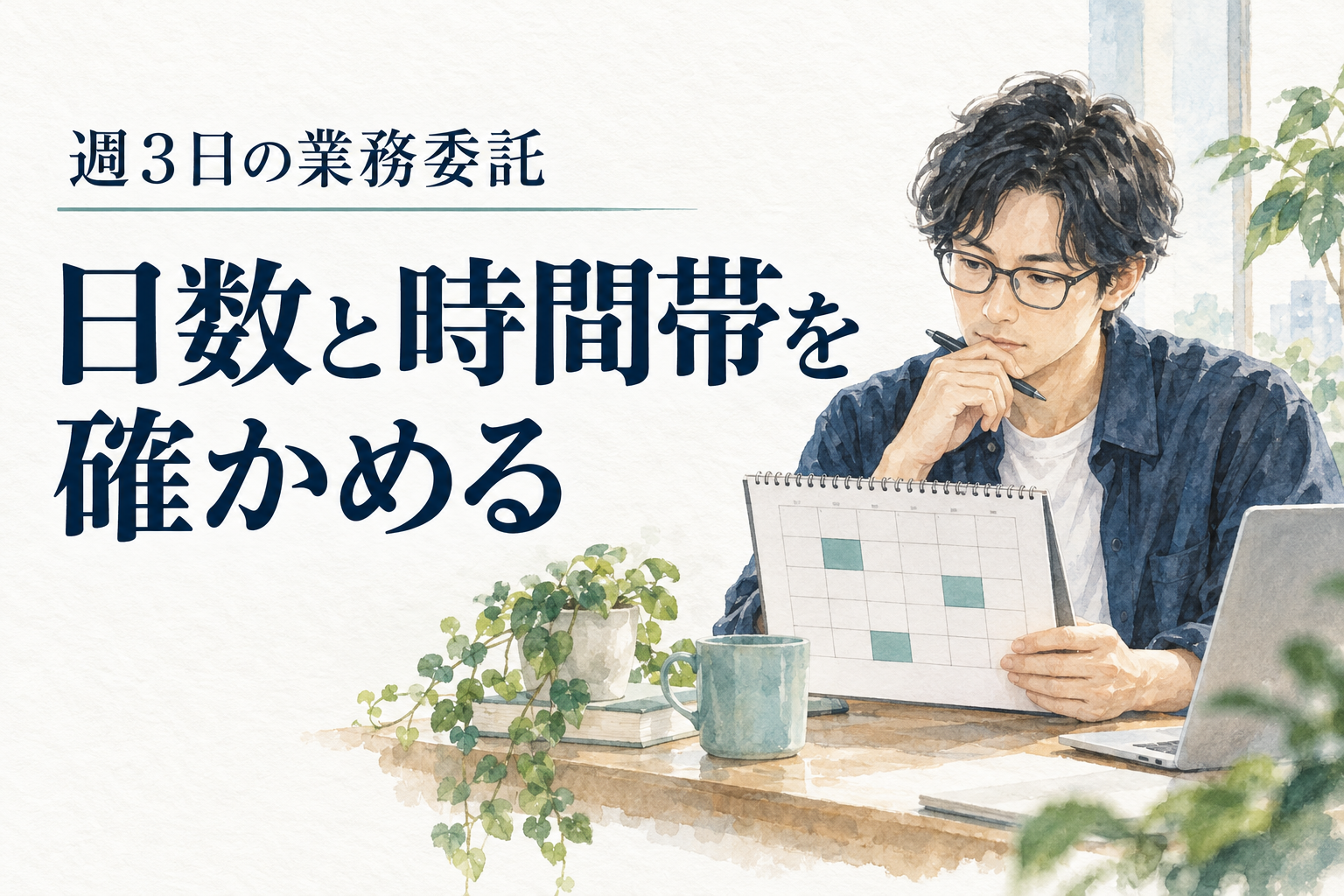 フリーランス エンジニア 週3の記事画像。水彩の仕事場面と「週3日の業務委託/日数と時間帯を確かめる」の文字。
