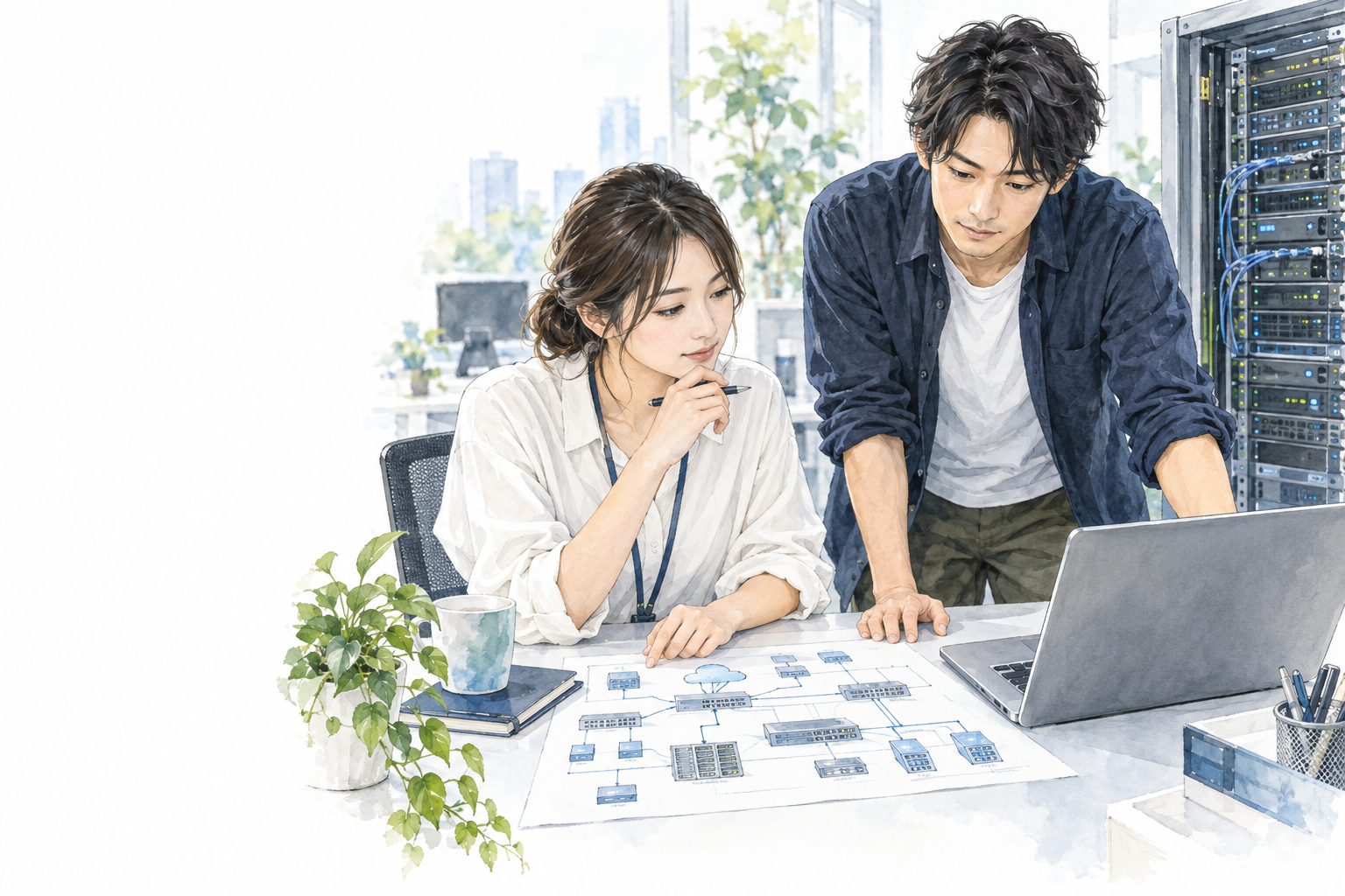 サーバーの構成を確認するITエンジニアのイラスト
